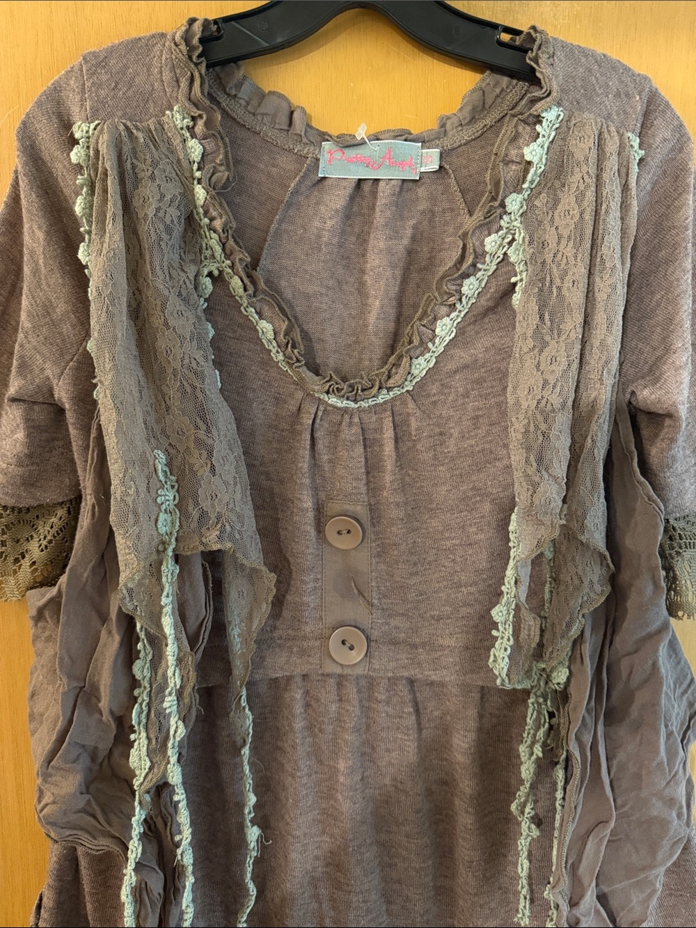 Pretty Angel Women’s Linen Layered Lace Top Whimsigoth Taupe Brown Size Small - Picture 2 of 9